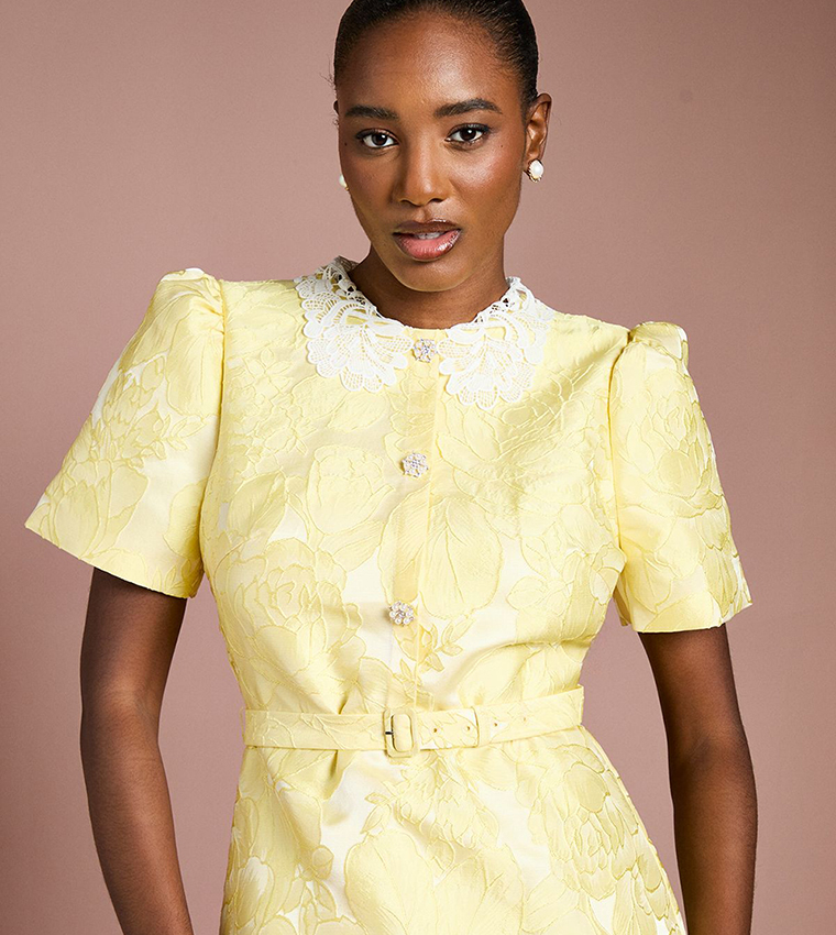 Puff Sleeves Collared Jacquard Midi Dress