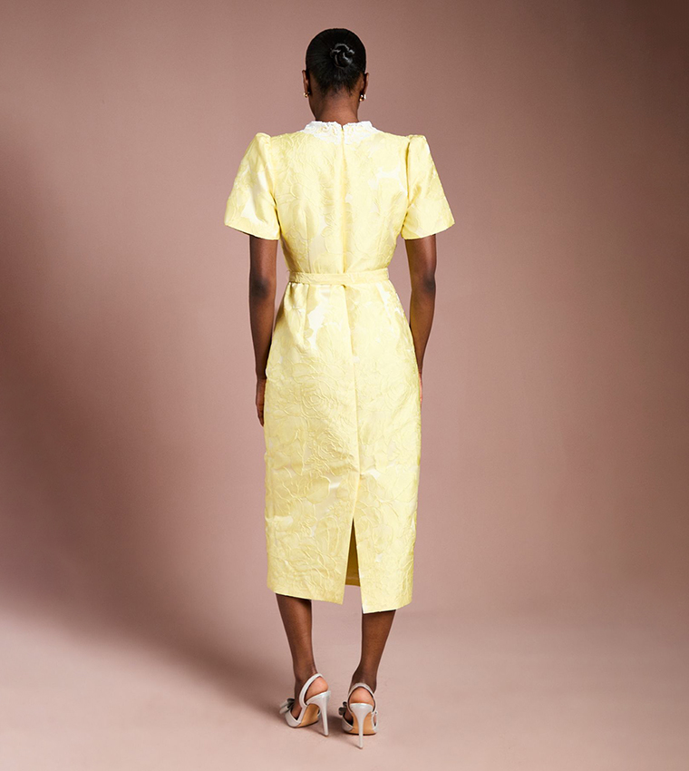 Puff Sleeves Collared Jacquard Midi Dress