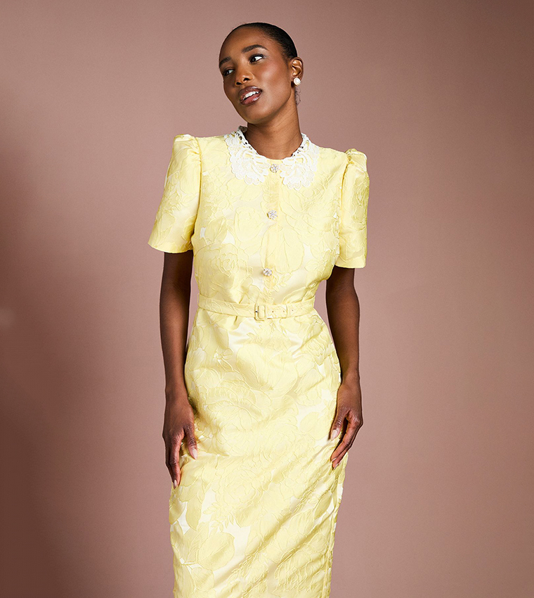 Puff Sleeves Collared Jacquard Midi Dress