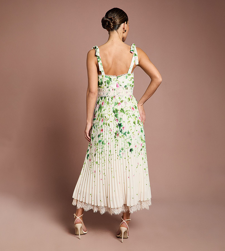 Pleated Printed Georgette Midi Dress