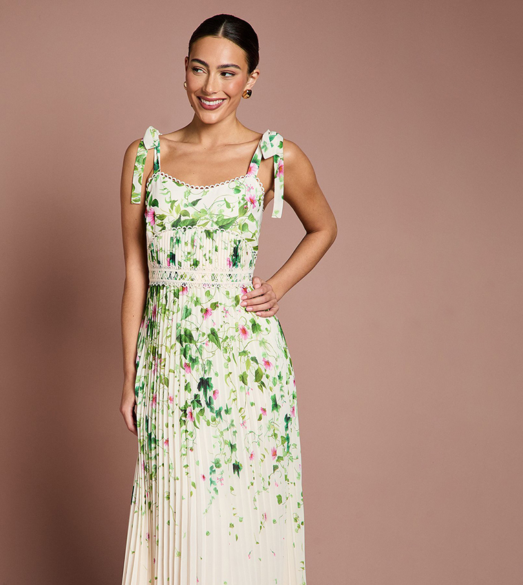 Pleated Printed Georgette Midi Dress