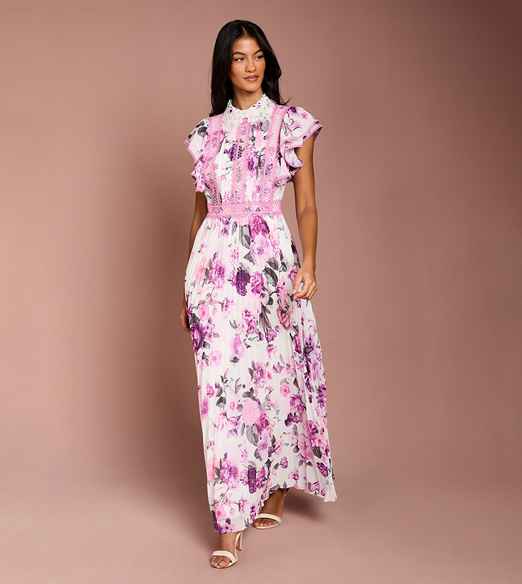 Petite Frill Sleeves Contrast Collar Pleated Maxi Dress