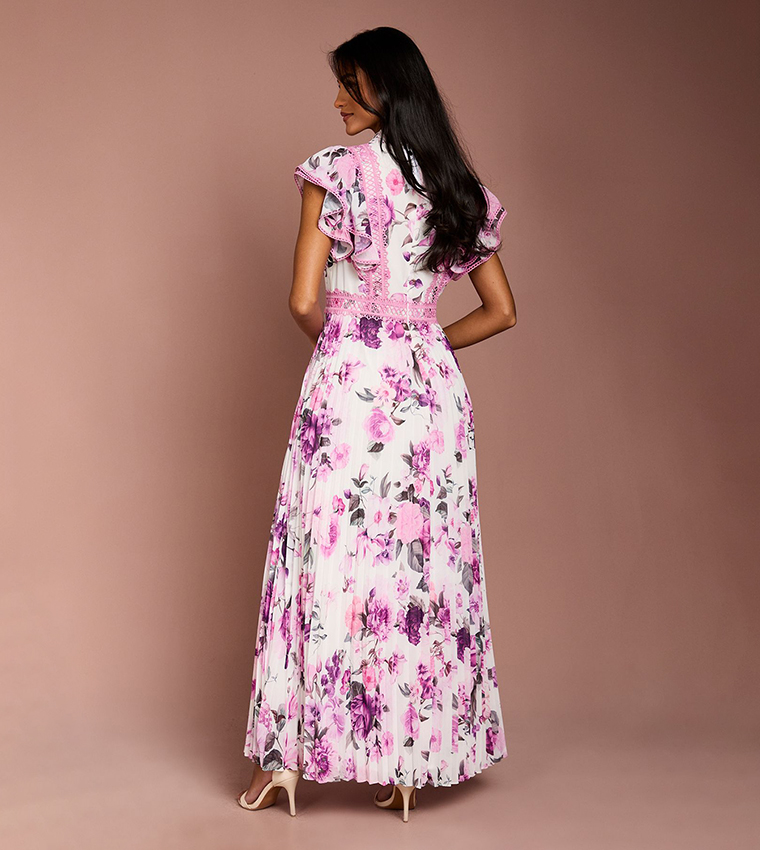 Petite Frill Sleeves Contrast Collar Pleated Maxi Dress