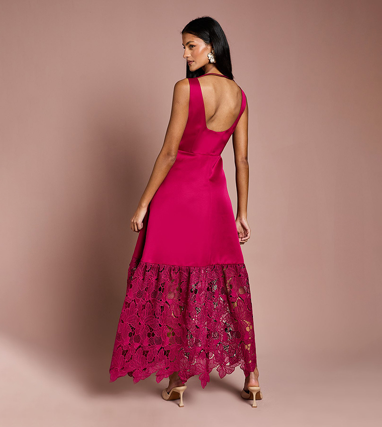 Petite Lace Hem Structured Satin Maxi Dress