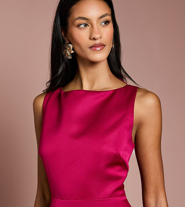 Petite Lace Hem Structured Satin Maxi Dress