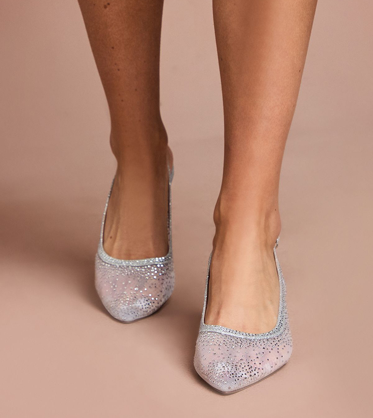 Sara Mesh Diamante Kitten Heel Slingback Pumps