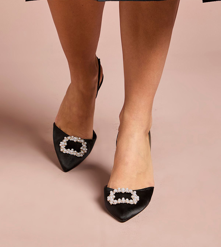 Selene Satin Pearl Trim Slingback Pumps