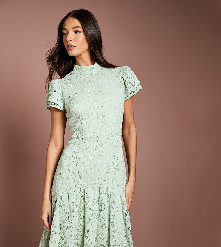 Lace Frill Sleeves High Neck Midi Dress