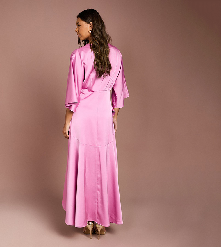 Satin Back Crepe Ruffle Wrap Midi Dress