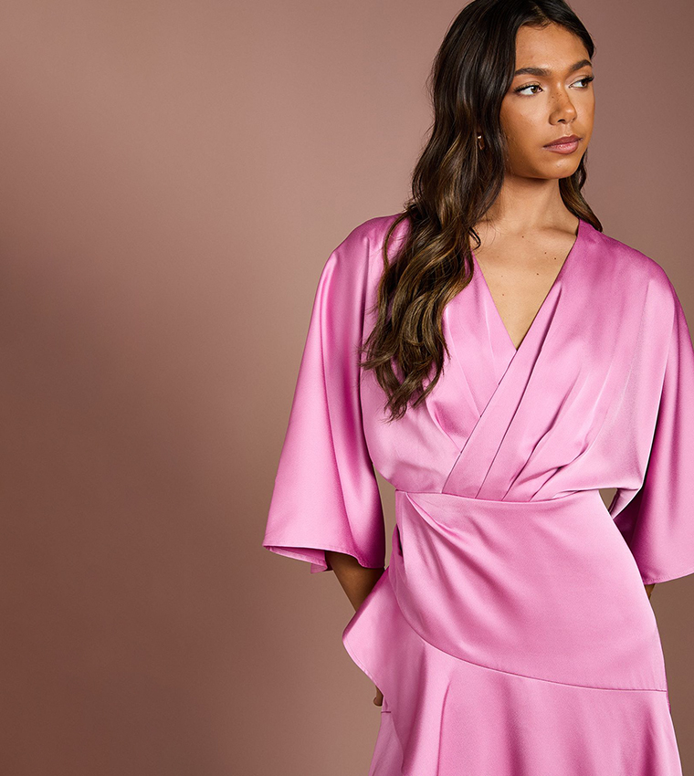 Satin Back Crepe Ruffle Wrap Midi Dress