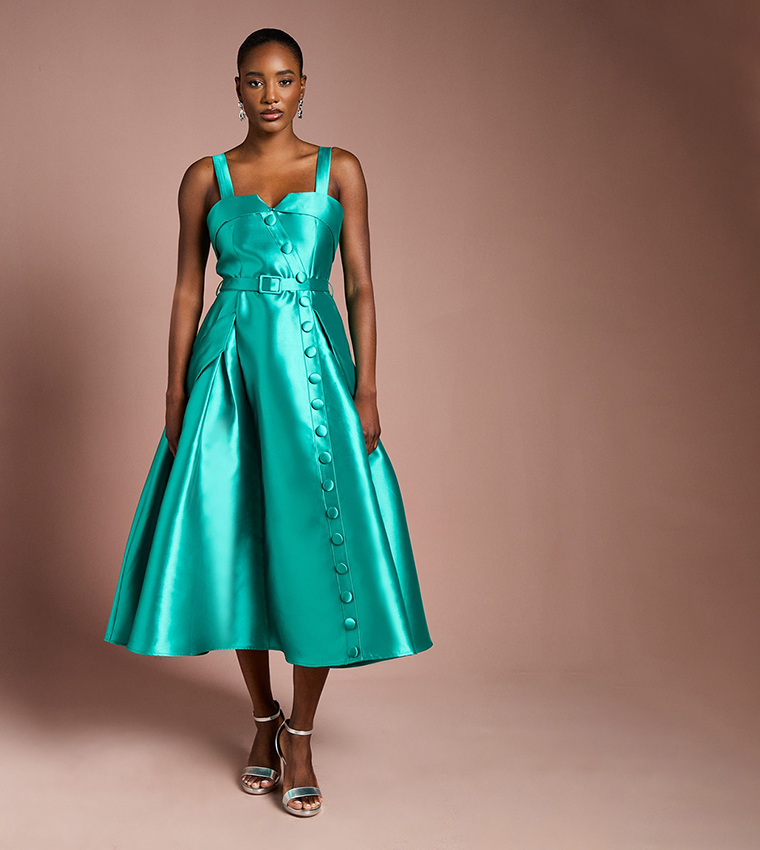 Twill Volume Belted Midi Dress