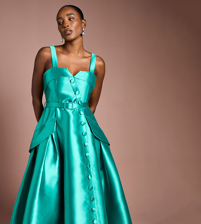 Twill Volume Belted Midi Dress