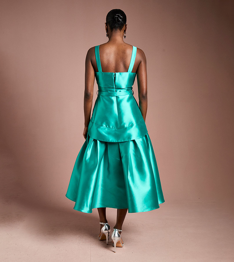 Twill Volume Belted Midi Dress