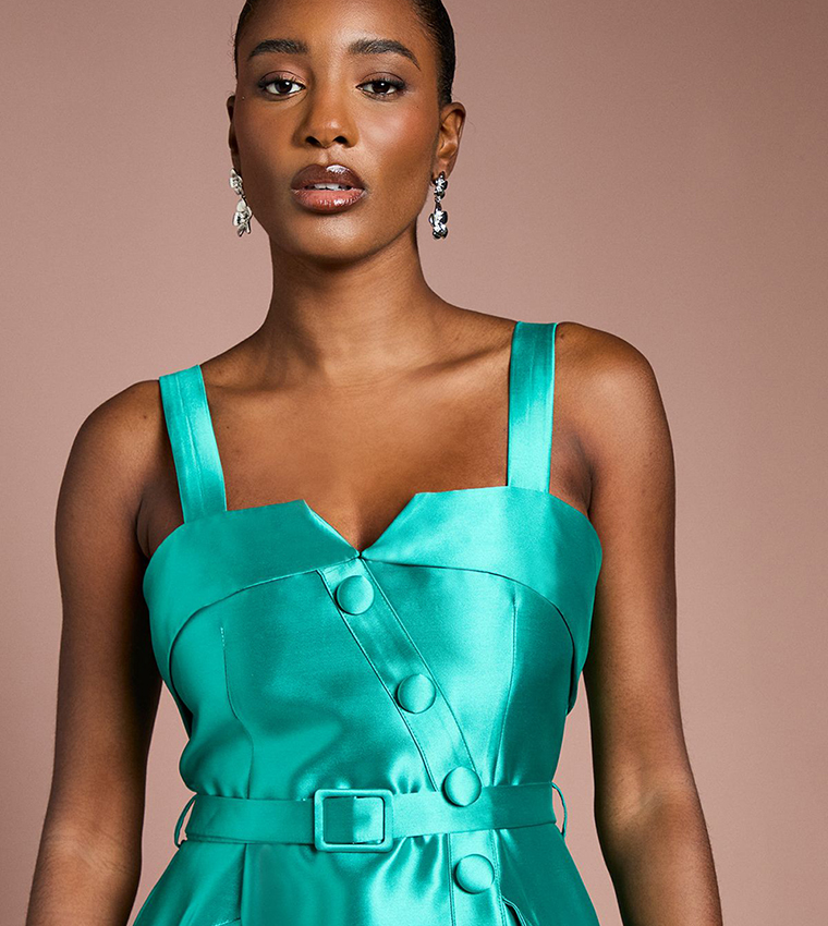 Twill Volume Belted Midi Dress