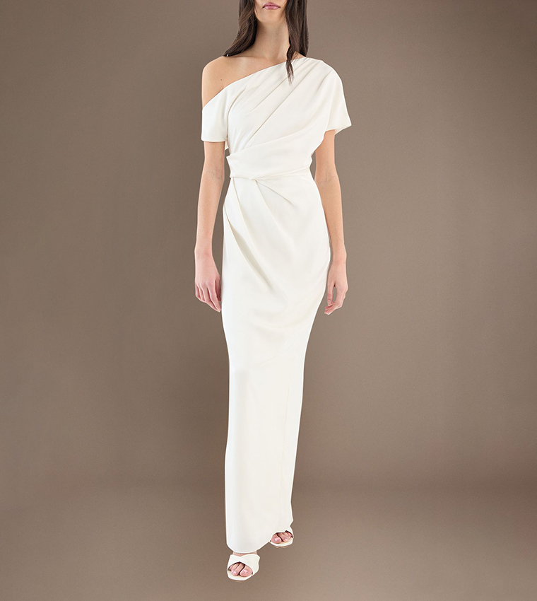 Satin Ruched Detail Off Shoulder Maxi Wedding Dress