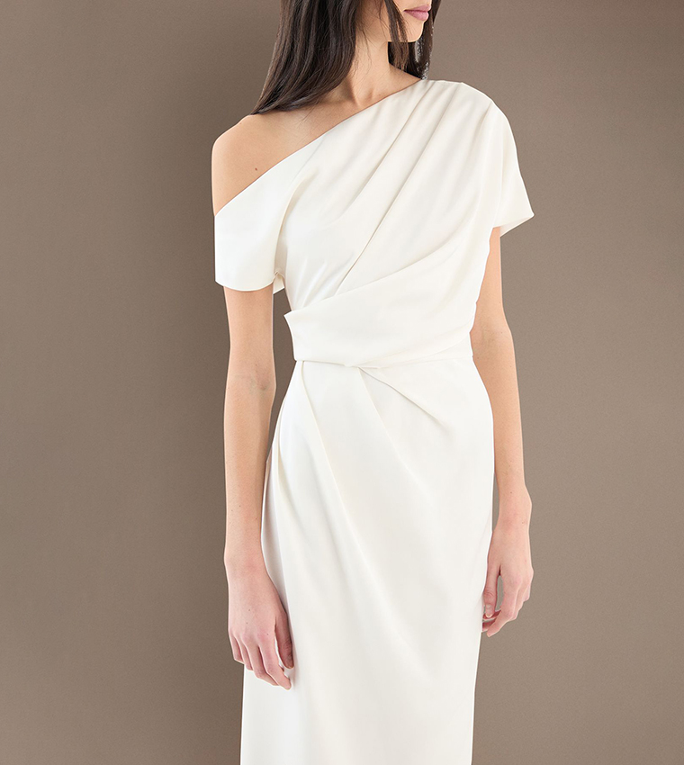 Satin Ruched Detail Off Shoulder Maxi Wedding Dress