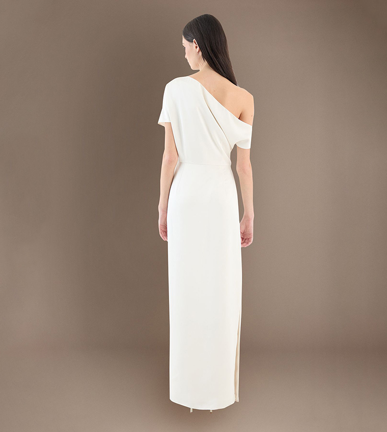 Satin Ruched Detail Off Shoulder Maxi Wedding Dress