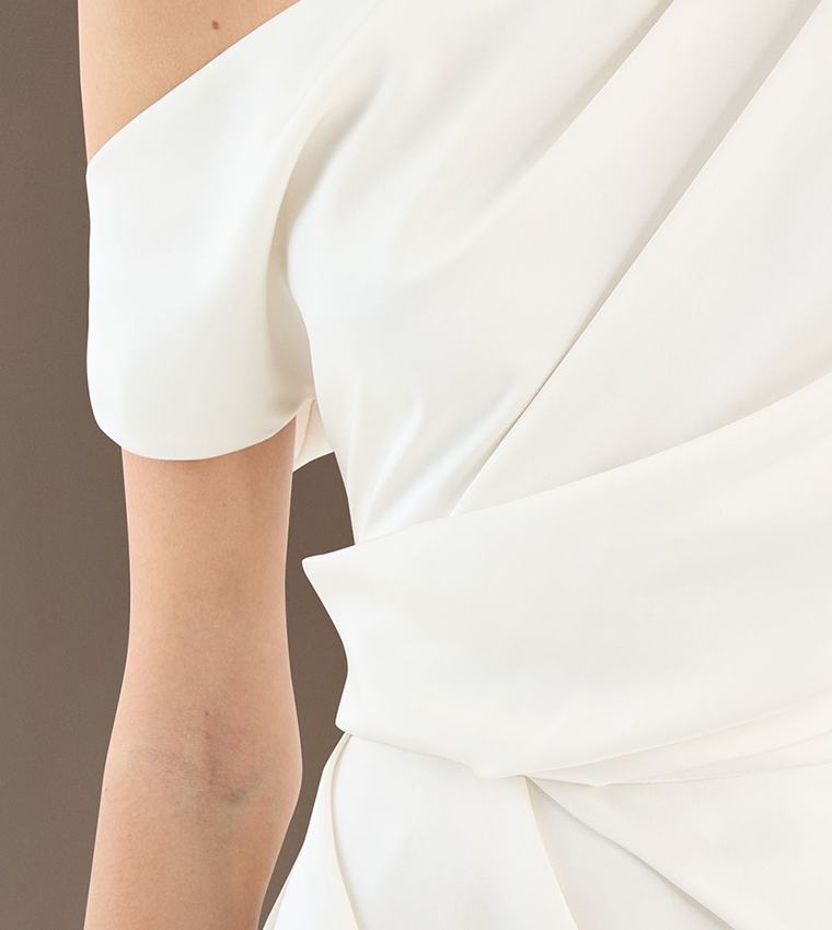 Satin Ruched Detail Off Shoulder Maxi Wedding Dress