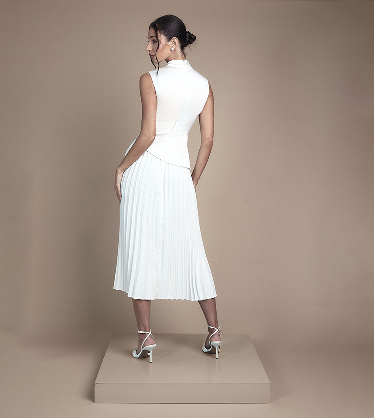 Drape High Neck Pleated Skirt Midi Wedding Dress