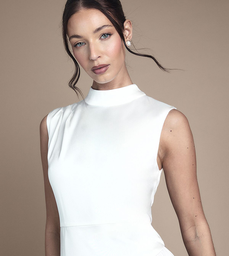 Drape High Neck Pleated Skirt Midi Wedding Dress