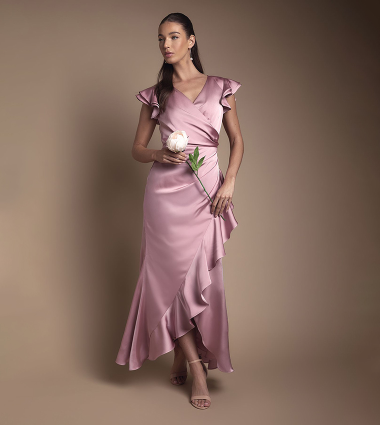 Wrap Front Frill Hem Cap Sleeves Maxi Bridesmaid Dress