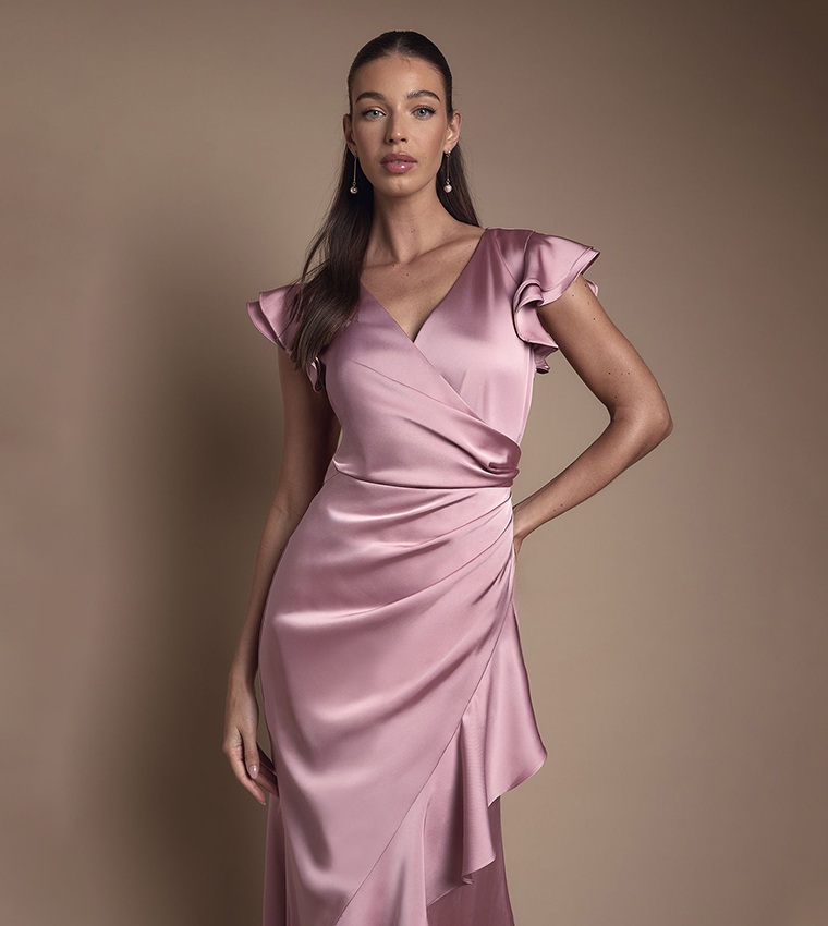 Wrap Front Frill Hem Cap Sleeves Maxi Bridesmaid Dress