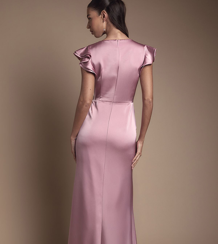 Wrap Front Frill Hem Cap Sleeves Maxi Bridesmaid Dress