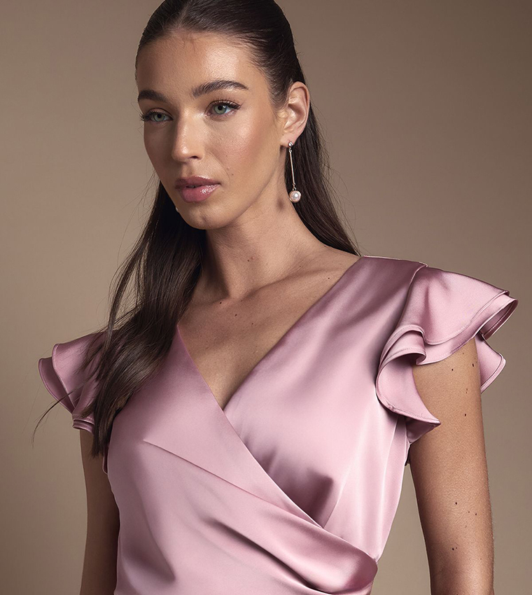 Wrap Front Frill Hem Cap Sleeves Maxi Bridesmaid Dress