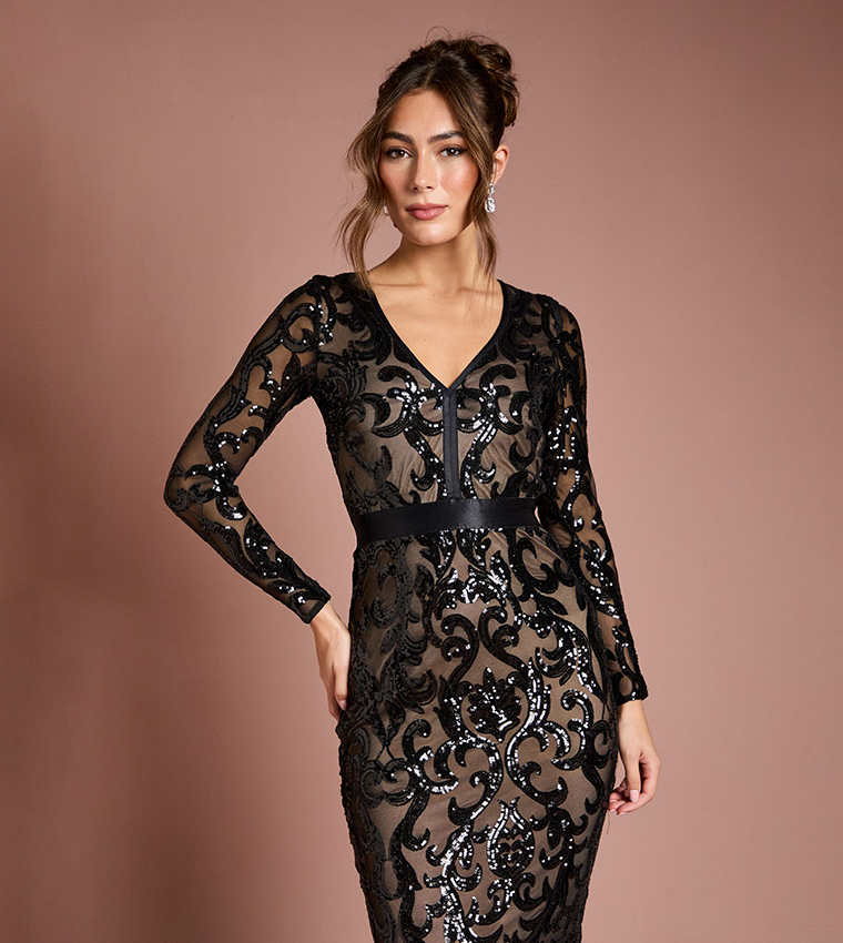 Long Sleeves Bodycon Sequined Midi dress