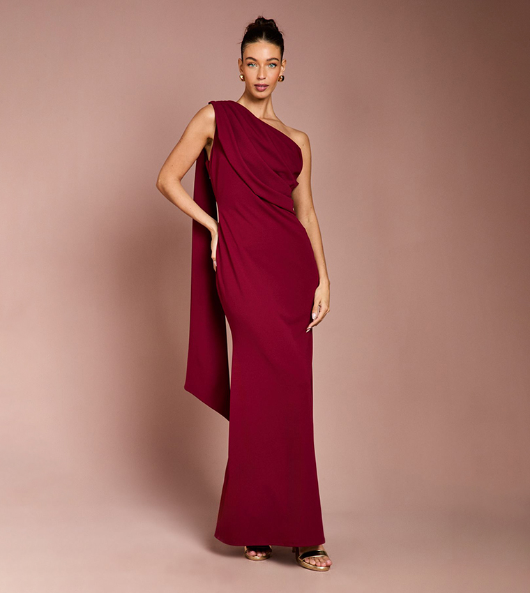 One Shoulder Stretch Crepe Maxi Dress