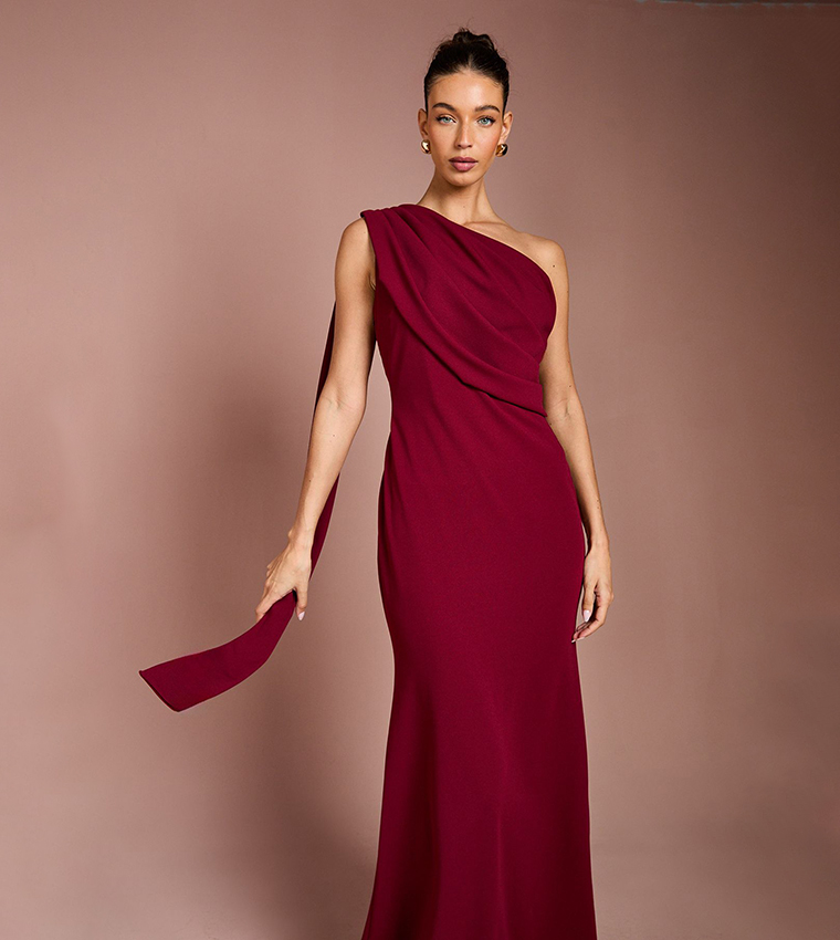 One Shoulder Stretch Crepe Maxi Dress