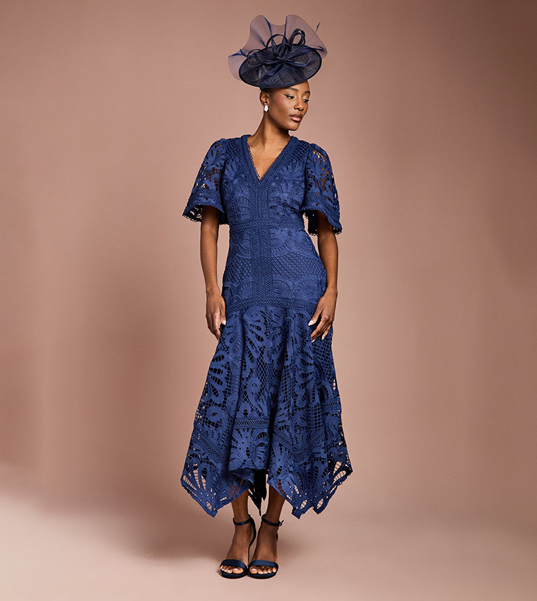Placement Lace Hanky Hem Midi Dress