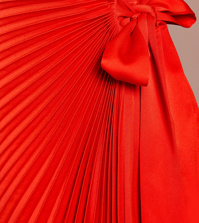 Satin Pleated Wrap Midi Dress