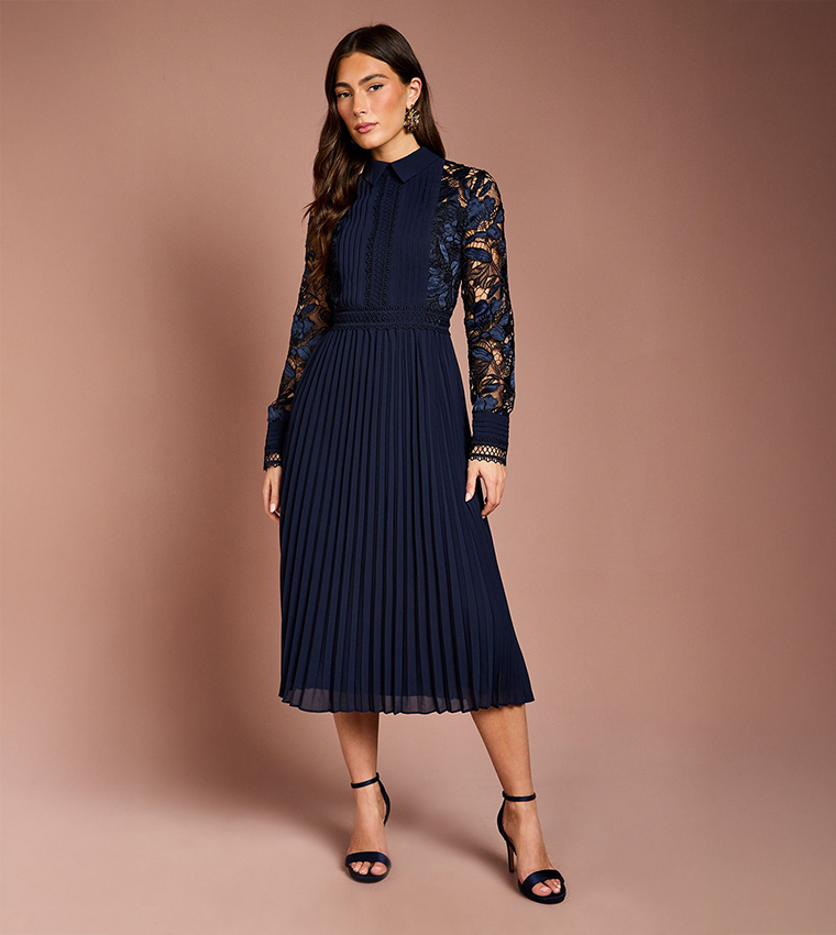 Long Sleeves Lace and Pleated Midi Shirt Dress