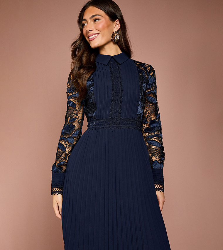 Long Sleeves Lace and Pleated Midi Shirt Dress