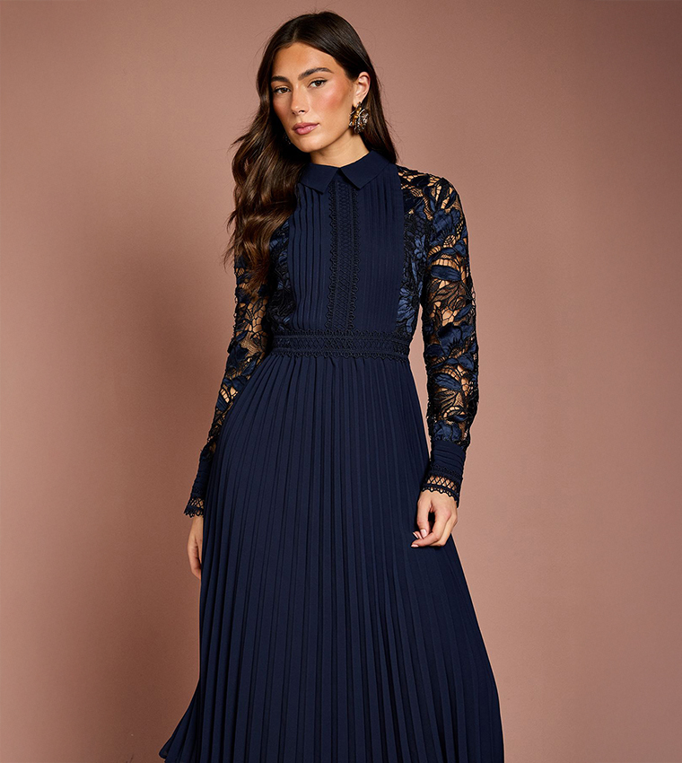 Long Sleeves Lace and Pleated Midi Shirt Dress