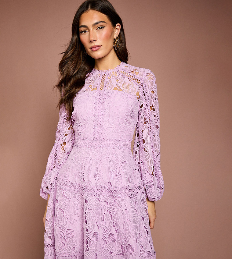 Lace Panelled Long Sleeves Midi Dress
