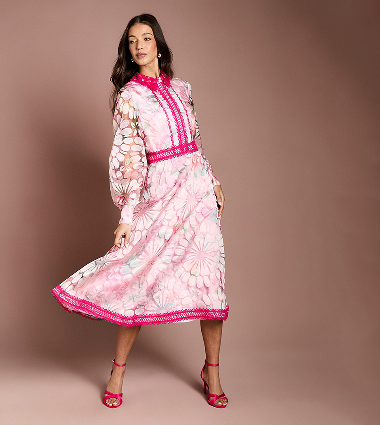 Printed Organza Contrast Collar Lace Trim Midi Dress