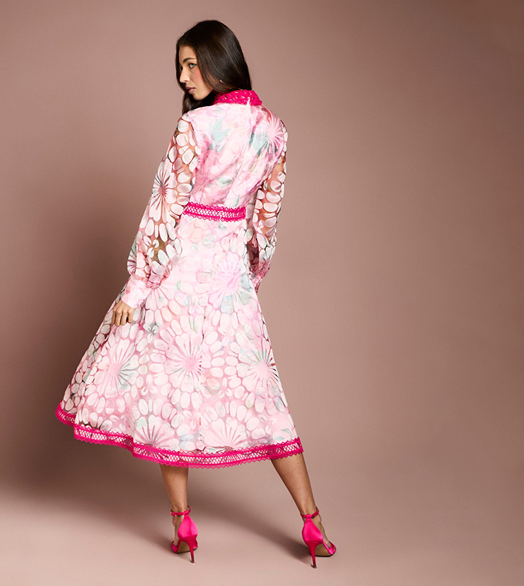 Printed Organza Contrast Collar Lace Trim Midi Dress