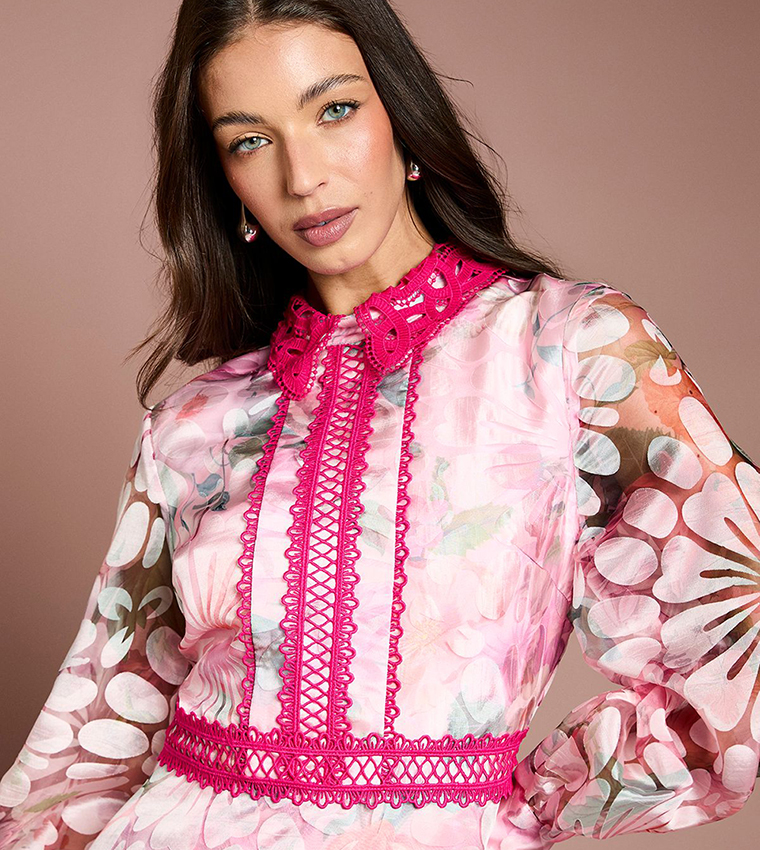 Printed Organza Contrast Collar Lace Trim Midi Dress