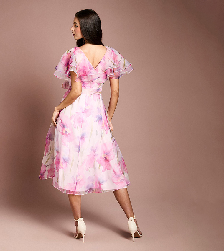 Printed Organza Ruffle Sleeves Midi Dress