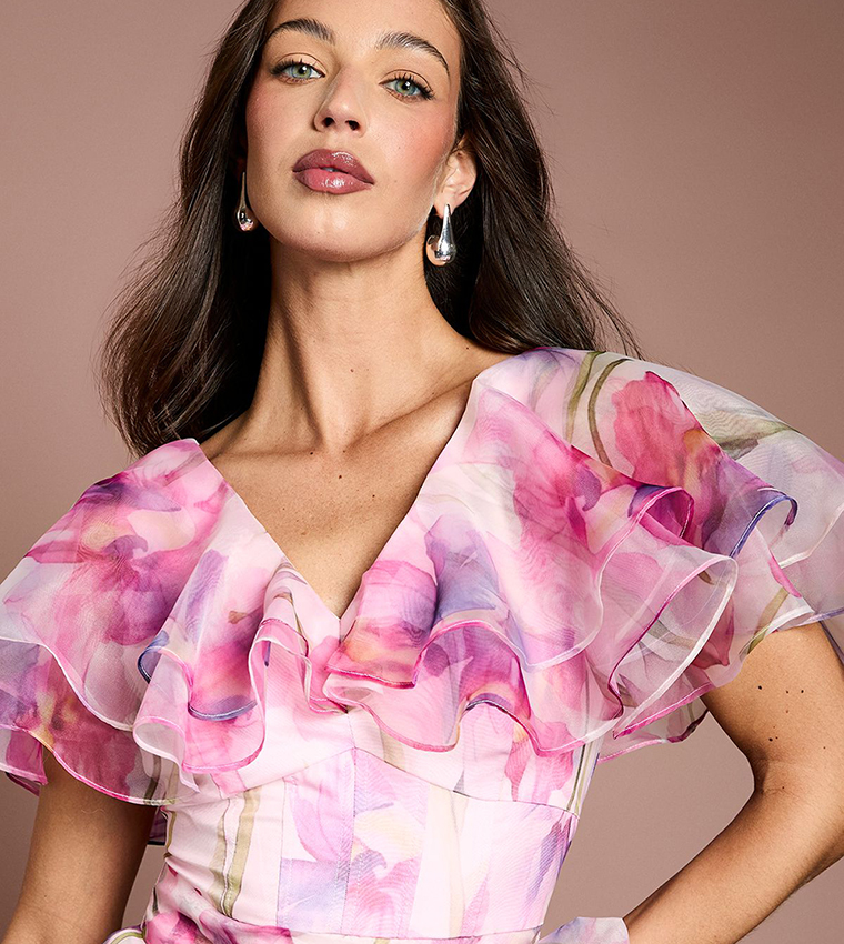 Printed Organza Ruffle Sleeves Midi Dress