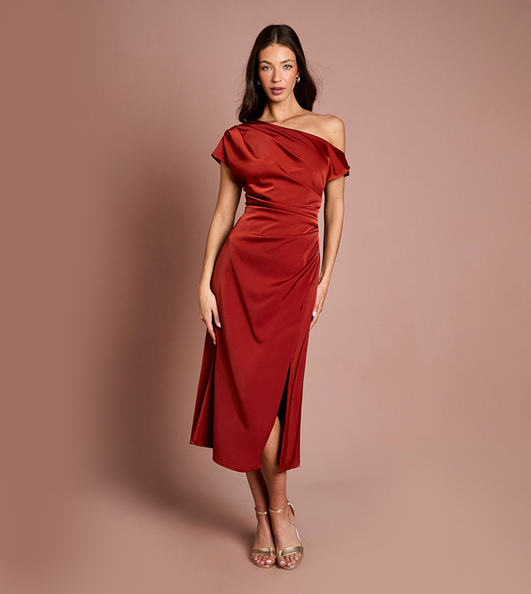 Buy Coast Off Shoulder Satin Side Tie Midi Dress In Brown