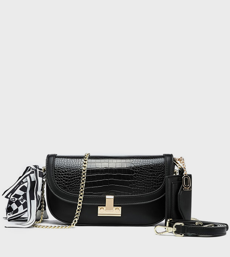 Croc Textured Flap Crossbody Bag