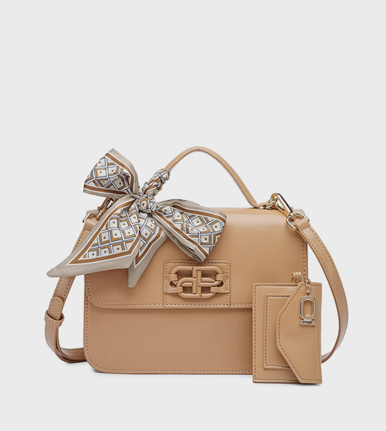 Scarf Detail Flap Top-Handle Bag