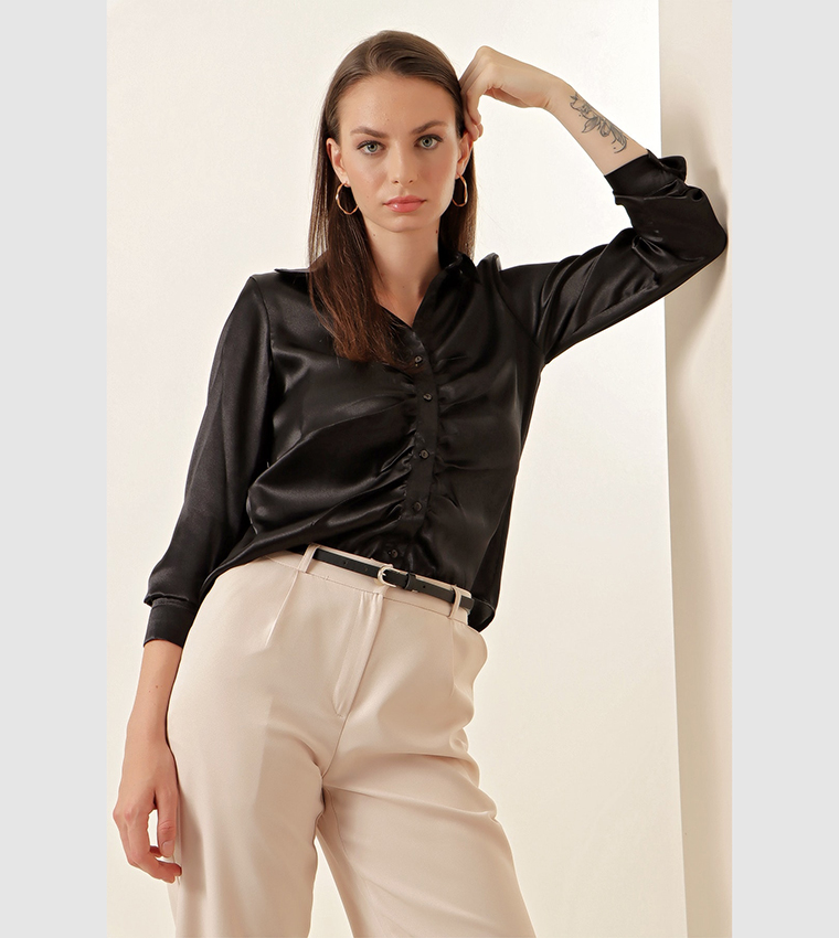 Ruched Satin Top - Black - Ladies