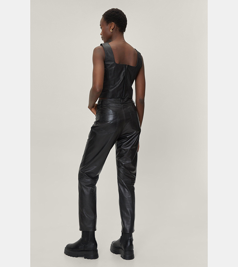 Real Leather Straight Leg High Waisted Pants