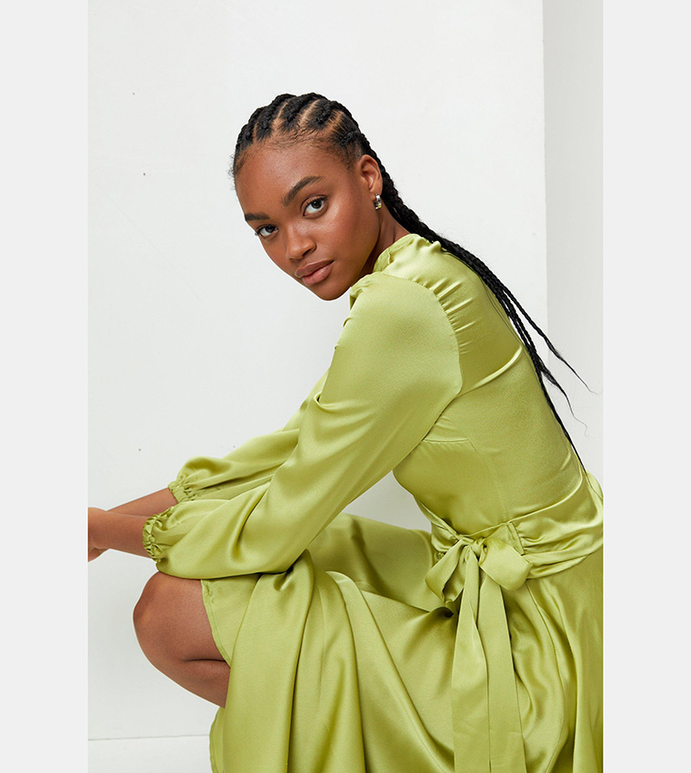 nasty gal green silk dress Buy Satin Balloon Sleeve Wrap Maxi In women's crochet knit dress