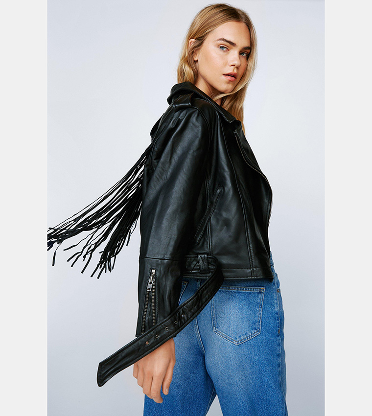 Buy Nasty Gal Real Leather Extreme Fringe Biker Jacket In Black