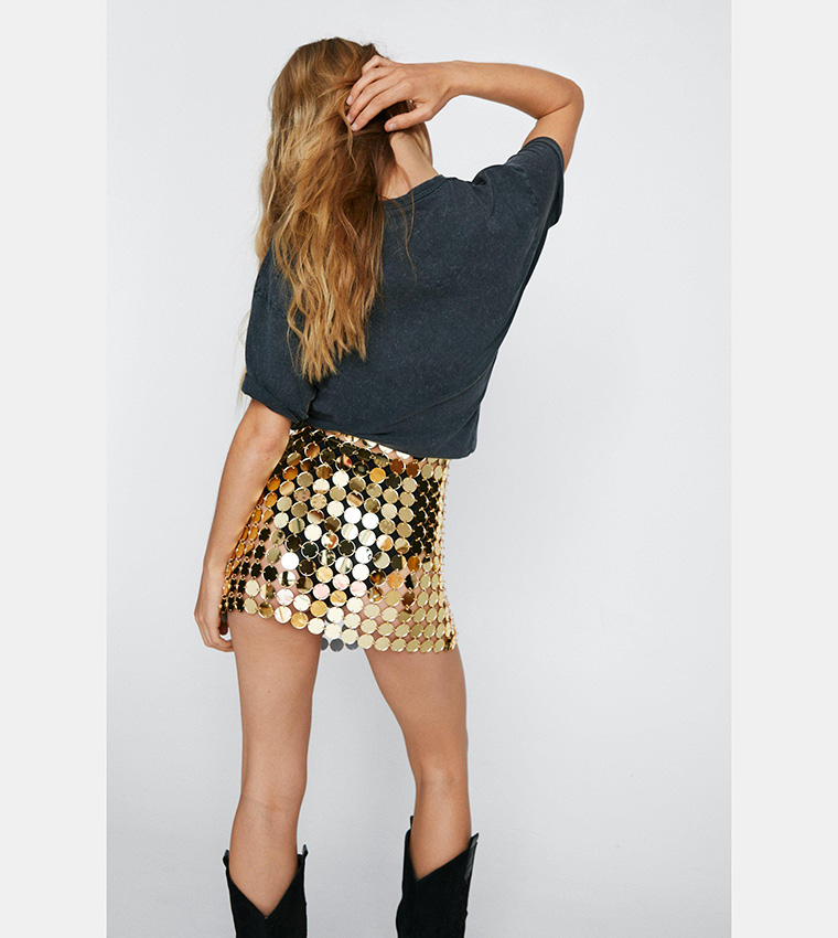 Buy Nasty Gal Disc Chainmail Sequin Mini Skirt In Gold | 6thStreet UAE